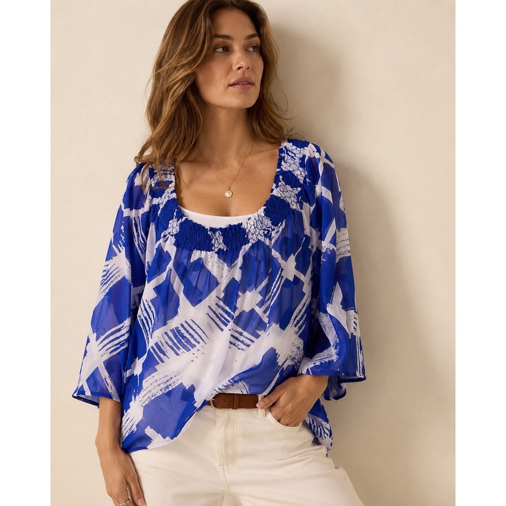 Lane Bryant Blue White Abstract Smocked Neck Chiffon Blouse Plus Size‎ 22/24